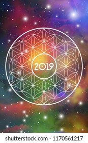 Astrological New Year 2019 Greeting Card or Calendar Cover on Cosmic Background inside of Flower of Life sacred geometry interlocking circles symbol.
