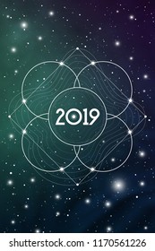 Astrological New Year 2019 Greeting Card or Calendar Cover on Cosmic Background inside of Flower of Life sacred geometry interlocking circles symbol.

