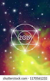 Astrological New Year 2019 Greeting Card or Calendar Cover on Cosmic Background.