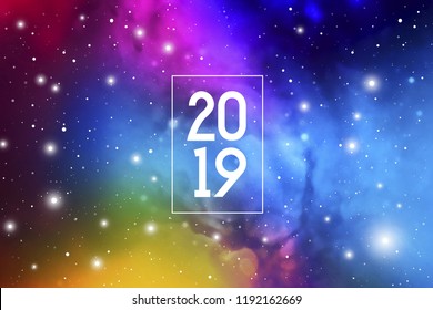 Astrological New Year 2019 Greeting Card or Calendar Cover on Cosmic Background.