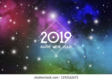 Astrological New Year 2019 Greeting Card or Calendar Cover on Cosmic Background.