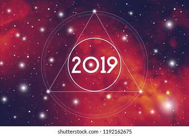 Astrological New Year 2019 Greeting Card or Calendar Cover on Cosmic Background.