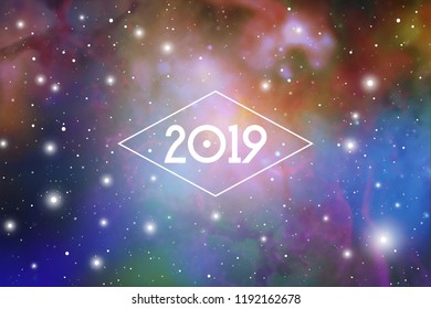 Astrological New Year 2019 Greeting Card or Calendar Cover on Cosmic Background.