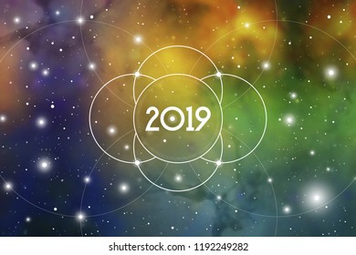 Astrological New Year 2019 Greeting Card or Calendar Cover on Cosmic Background inside of Flower of Life sacred geometry interlocking circles symbol.
