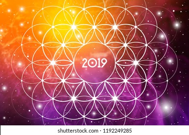 Astrological New Year 2019 Greeting Card or Calendar Cover on Cosmic Background inside of Flower of Life sacred geometry interlocking circles symbol.
