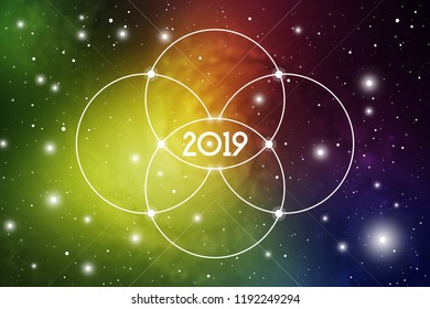 Astrological New Year 2019 Greeting Card or Calendar Cover on Cosmic Background inside of Flower of Life sacred geometry interlocking circles symbol.
