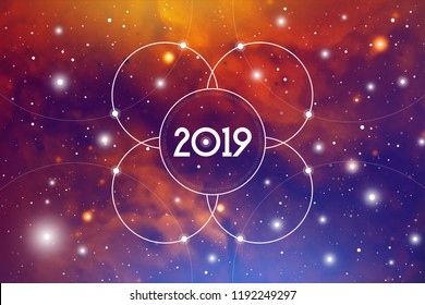 Astrological New Year 2019 Greeting Card or Calendar Cover on Cosmic Background inside of Flower of Life sacred geometry interlocking circles symbol.
