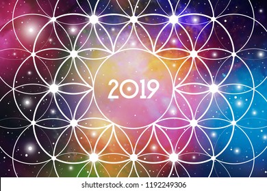 Astrological New Year 2019 Greeting Card or Calendar Cover on Cosmic Background inside of Flower of Life sacred geometry interlocking circles symbol.
