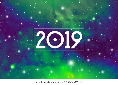 Astrological New Year 2019 Greeting Card or Calendar Cover on Cosmic Background.