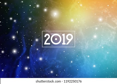 Astrological New Year 2019 Greeting Card or Calendar Cover on Cosmic Background.