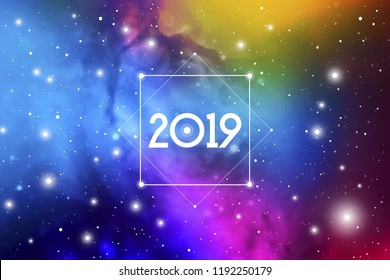 Astrological New Year 2019 Greeting Card or Calendar Cover on Cosmic Background.