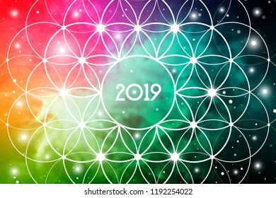 Astrological New Year 2019 Greeting Card or Calendar Cover on Cosmic Background inside of Flower of Life sacred geometry interlocking circles symbol.
