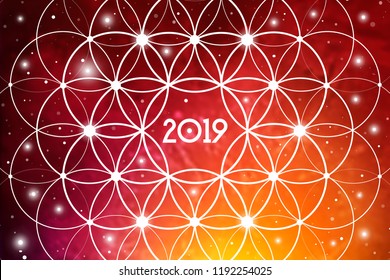 Astrological New Year 2019 Greeting Card or Calendar Cover on Cosmic Background inside of Flower of Life sacred geometry interlocking circles symbol.
