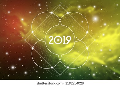 Astrological New Year 2019 Greeting Card or Calendar Cover on Cosmic Background inside of Flower of Life sacred geometry interlocking circles symbol.
