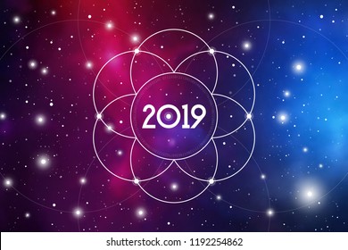 Astrological New Year 2019 Greeting Card or Calendar Cover on Cosmic Background inside of Flower of Life sacred geometry interlocking circles symbol.
