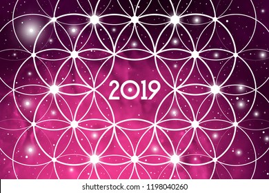Astrological New Year 2019 Greeting Card or Calendar Cover on Cosmic Background inside of Flower of Life sacred geometry interlocking circles symbol.
