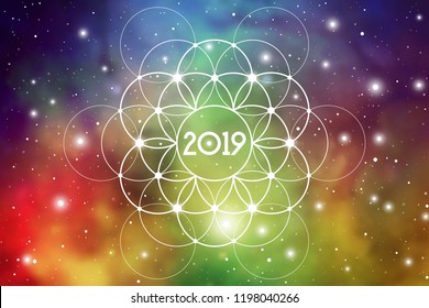 Astrological New Year 2019 Greeting Card or Calendar Cover on Cosmic Background inside of Flower of Life sacred geometry interlocking circles symbol.
