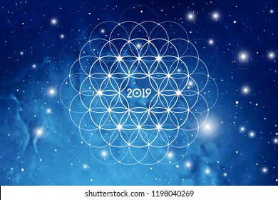Astrological New Year 2019 Greeting Card or Calendar Cover on Cosmic Background inside of Flower of Life sacred geometry interlocking circles symbol.