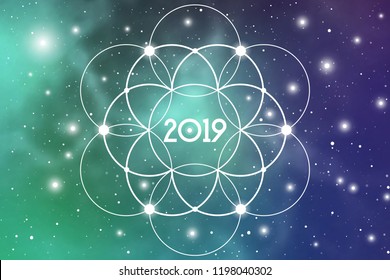 Astrological New Year 2019 Greeting Card or Calendar Cover on Cosmic Background inside of Flower of Life sacred geometry interlocking circles symbol.