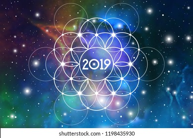 Astrological New Year 2019 Greeting Card or Calendar Cover on Cosmic Background inside of Flower of Life sacred geometry interlocking circles symbol.