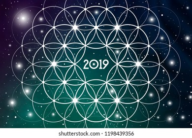 Astrological New Year 2019 Greeting Card or Calendar Cover on Cosmic Background inside of Flower of Life sacred geometry interlocking circles symbol.