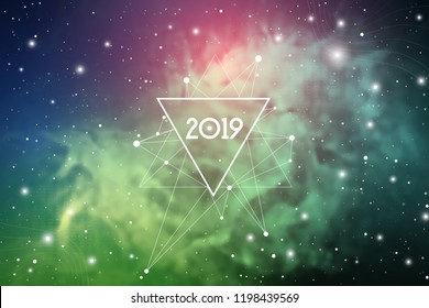 Astrological New Year 2019 Greeting Card or Calendar Cover on Cosmic Background with Interlocking Triangles and Particles.