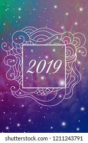 Astrological New Year 2019 Greeting Card or Calendar Cover on Cosmic Background inside of elegant ethnic style frame with zen doodle oriental ornament.