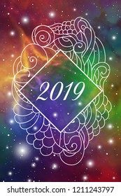 Astrological New Year 2019 Greeting Card or Calendar Cover on Cosmic Background inside of elegant ethnic style frame with zen doodle oriental ornament.