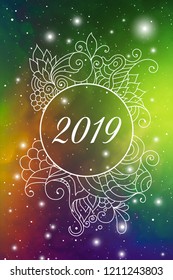 Astrological New Year 2019 Greeting Card or Calendar Cover on Cosmic Background inside of elegant ethnic style frame with zen doodle oriental ornament.