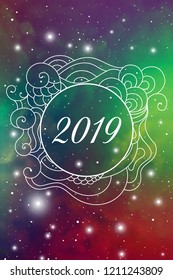 Astrological New Year 2019 Greeting Card or Calendar Cover on Cosmic Background inside of elegant ethnic style frame with zen doodle oriental ornament.