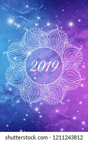 Astrological New Year 2019 Greeting Card or Calendar Cover on Cosmic Background inside of mandala zen doodle oriental ornament.