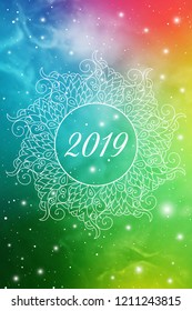 Astrological New Year 2019 Greeting Card or Calendar Cover on Cosmic Background inside of mandala zen doodle oriental ornament.