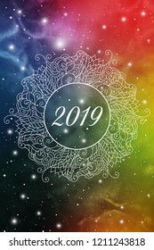 Astrological New Year 2019 Greeting Card or Calendar Cover on Cosmic Background inside of mandala zen doodle oriental ornament.