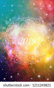 Astrological New Year 2019 Greeting Card or Calendar Cover on Cosmic Background inside of mandala zen doodle oriental ornament.