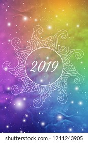 Astrological New Year 2019 Greeting Card or Calendar Cover on Cosmic Background inside of mandala zen doodle oriental ornament.