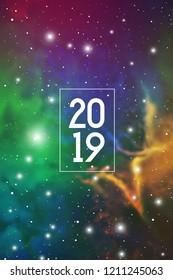 Astrological New Year 2019 Greeting Card or Calendar Cover on Cosmic Background with a simple frame.