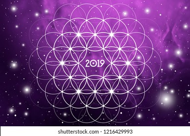 Astrological New Year 2019 Greeting Card or Calendar Cover on Cosmic Background inside of Flower of Life sacred geometry interlocking circles symbol.