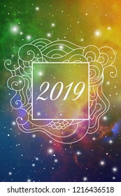 Astrological New Year 2019 Greeting Card or Calendar Cover on Cosmic Background inside of elegant ethnic style frame with zen doodle oriental ornament.