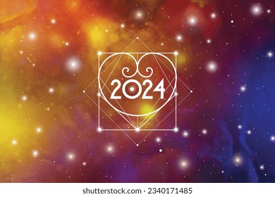 Astrological New Year 2024 Greeting Card or Calendar Cover on Cosmic Background. Sacred Geometry Christmas Vector Design with Space Backdrop.