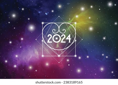 Astrological New Year 2024 Greeting Card or Calendar Cover on Cosmic Background. Sacred Geometry Christmas Vector Design with Space Backdrop.