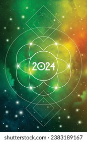 Astrological New Year 2024 Greeting Card or Calendar Cover on Cosmic Background. Sacred Geometry Christmas Vector Design with Space Backdrop.