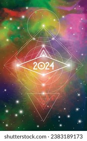 Astrological New Year 2024 Greeting Card or Calendar Cover on Cosmic Background. Sacred Geometry Christmas Vector Design with Space Backdrop.