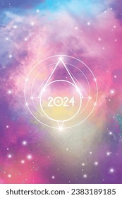 Astrological New Year 2024 Greeting Card or Calendar Cover on Cosmic Background. Sacred Geometry Christmas Vector Design with Space Backdrop.