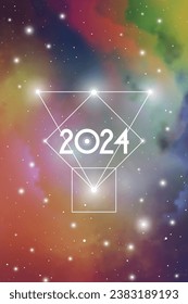 Astrological New Year 2024 Greeting Card or Calendar Cover on Cosmic Background. Sacred Geometry Christmas Vector Design with Space Backdrop.