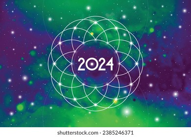 Astrological New Year 2024 Greeting Card or Calendar Cover on Cosmic Background. Sacred Geometry Christmas Vector Design with Space Backdrop.