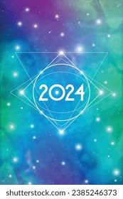 Astrological New Year 2024 Greeting Card or Calendar Cover on Cosmic Background. Sacred Geometry Christmas Vector Design with Space Backdrop.
