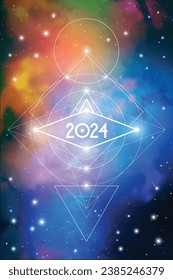 Astrological New Year 2024 Greeting Card or Calendar Cover on Cosmic Background. Sacred Geometry Christmas Vector Design with Space Backdrop.