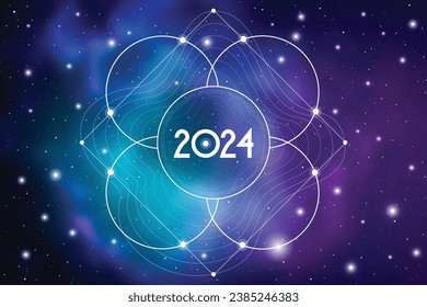 Astrological New Year 2024 Greeting Card or Calendar Cover on Cosmic Background. Sacred Geometry Christmas Vector Design with Space Backdrop.