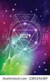 Astrological New Year 2024 Greeting Card or Calendar Cover on Cosmic Background. Sacred Geometry Christmas Vector Design with Space Backdrop.