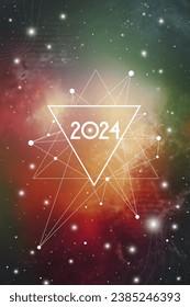 Astrological New Year 2024 Greeting Card or Calendar Cover on Cosmic Background. Sacred Geometry Christmas Vector Design with Space Backdrop.